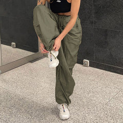 Casual Low Waist Ruched Trim Baggy Cargo Pants - Green