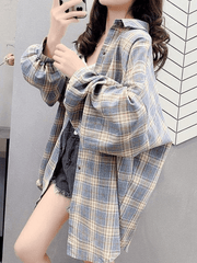 Checkered Baggy Long Sleeve Button Blouse