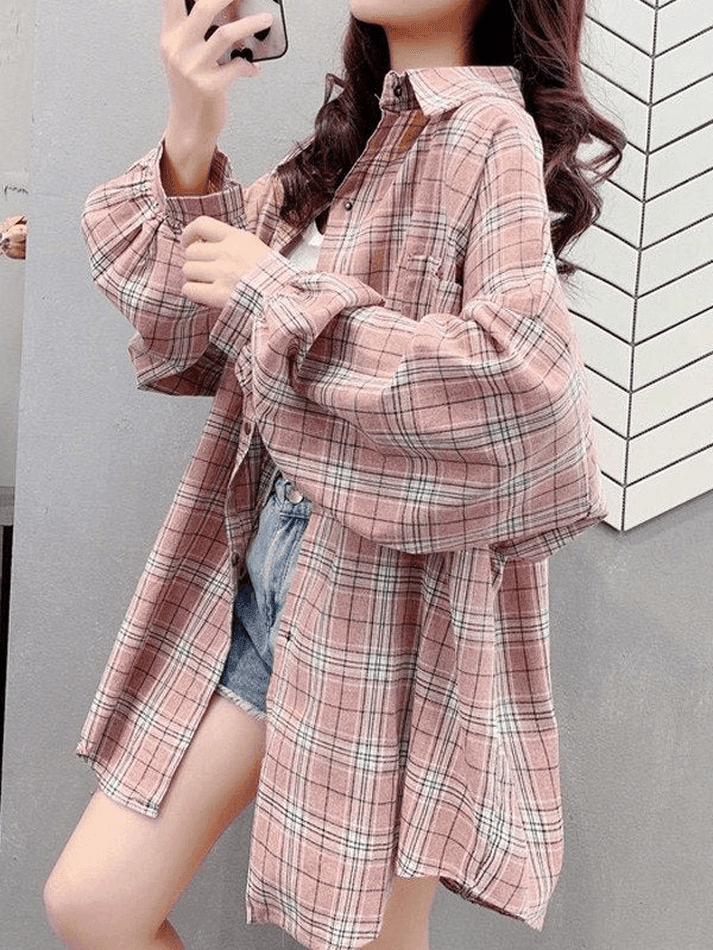 Checkered Baggy Long Sleeve Button Blouse