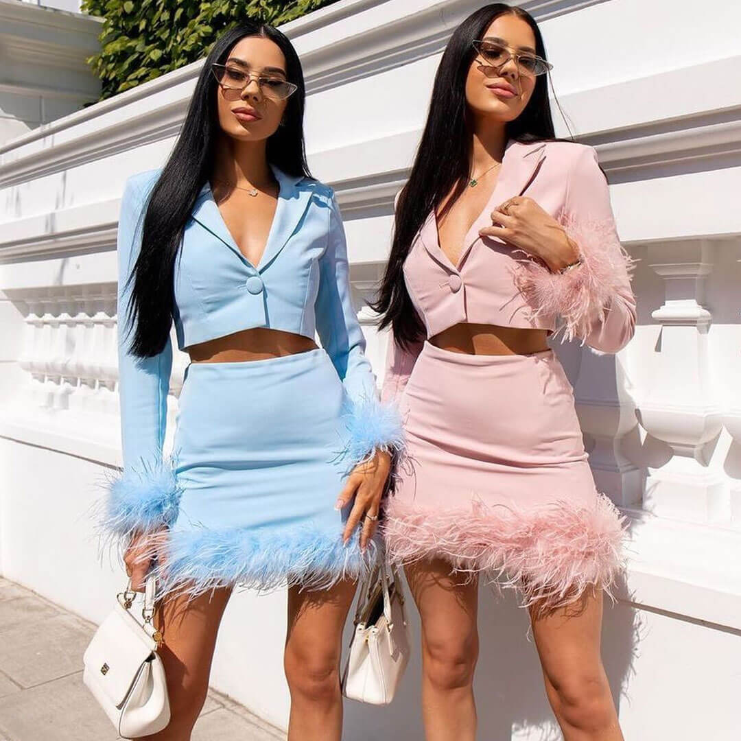 Long Sleeve Crop Blazer Feather Trim Mini Skirt Matching Set - Pink