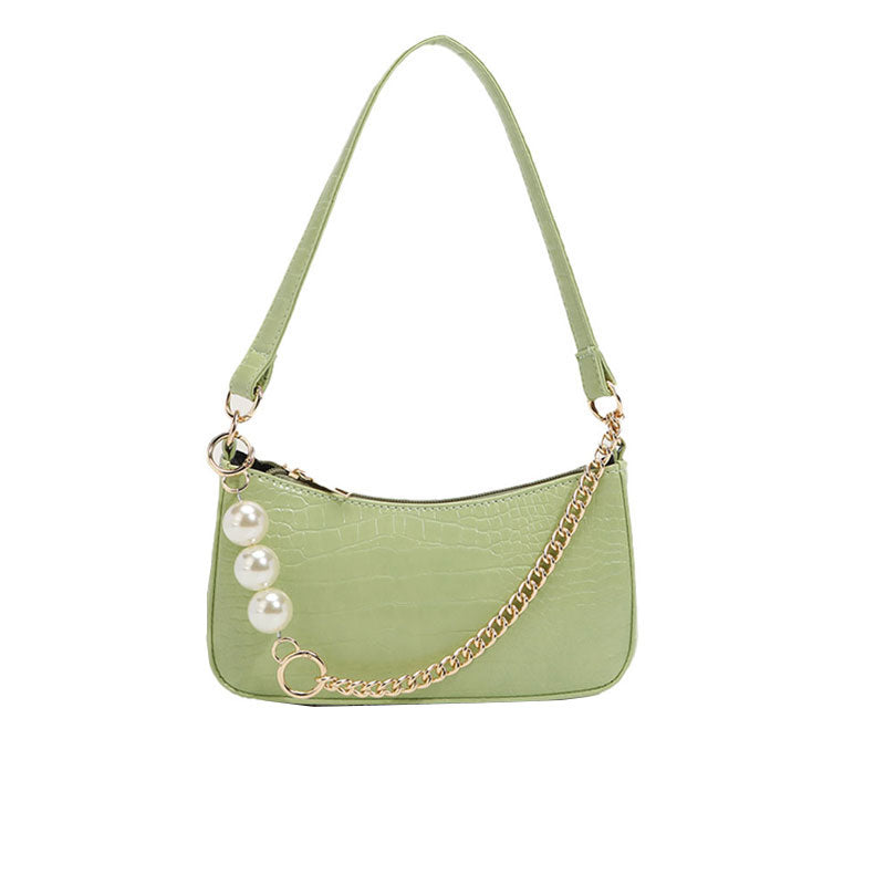 Pearl Chunky Chain Croco Embossed Baguette Bag - Sage Green