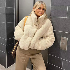 Zipped Long Sleeve Stand Collar Cropped Puffer Coat - Beige