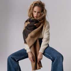 Classic Contrast Striped Frayed Blanket Scarf - Coffee