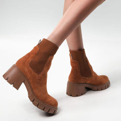 Classic Round Toe Lug Sole Suede Knit Sock Ankle Boots - Brown