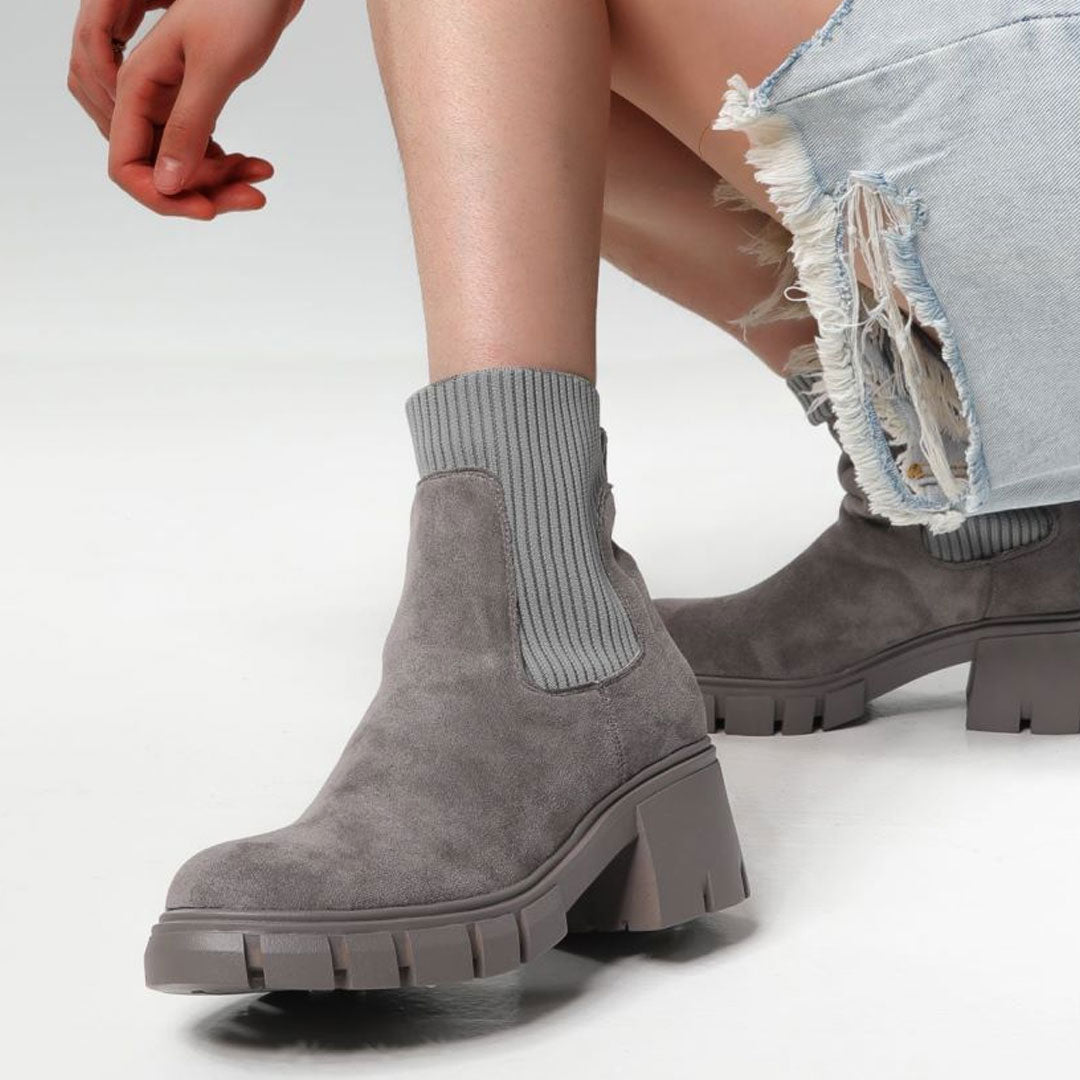 Classic Round Toe Lug Sole Suede Knit Sock Ankle Boots - Gray