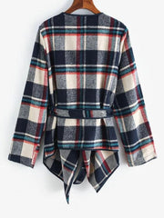Contrast Piping Belted Plaid Wool Blend Coat