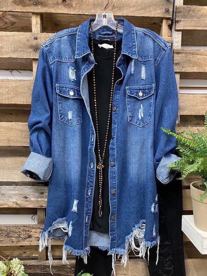Deep Blue Denim Casual Plain Shirt Collar Outerwear
