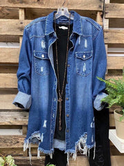 Deep Blue Denim Casual Plain Shirt Collar Outerwear