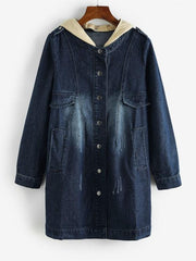 Distressed Detachable Hood Combo Denim Coat
