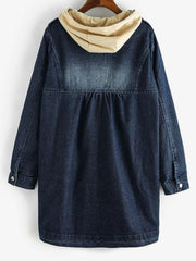 Distressed Detachable Hood Combo Denim Coat