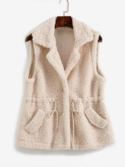 Drawstring Waist Pocket Teddy Vest Coat
