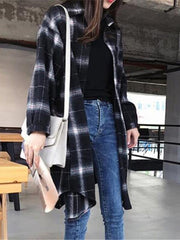 Drop Shoulder Curved Hem Plaid Coat