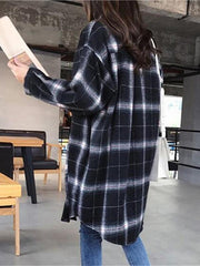Drop Shoulder Curved Hem Plaid Coat