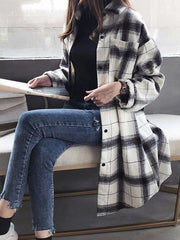 Drop Shoulder Curved Hem Plaid Coat