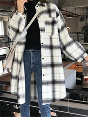 Drop Shoulder Curved Hem Plaid Coat