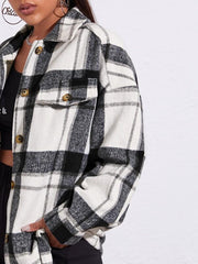 Drop Shoulder Flap Detail Plaid Coat