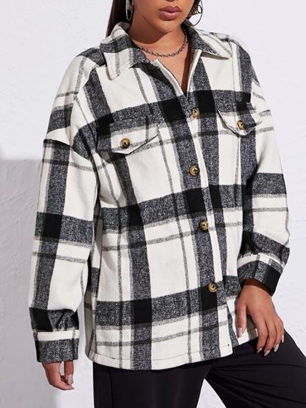 Drop Shoulder Flap Detail Plaid Coat