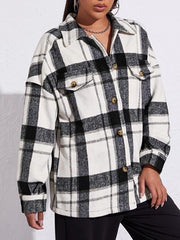 Drop Shoulder Flap Detail Plaid Coat