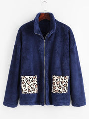 Dual Pocket Leopard Panel Fluffy Coat