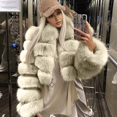 Long Sleeve Spread Collar Bubble Cropped Fur Coat - Beige