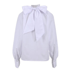 Fabulous Solid Color Ruched Bow Tie Trim High Neck Long Sleeve Blouse - White