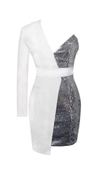 Silver White One Sleeved Sequin Crepe Tuxedo Blazer Dress