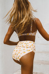 Lemon Print Ruffle Trim High Waisted Bikini Bottom