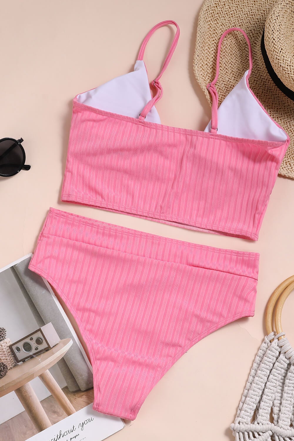 Pink Ribbed High-Waist Bikini Bottoms