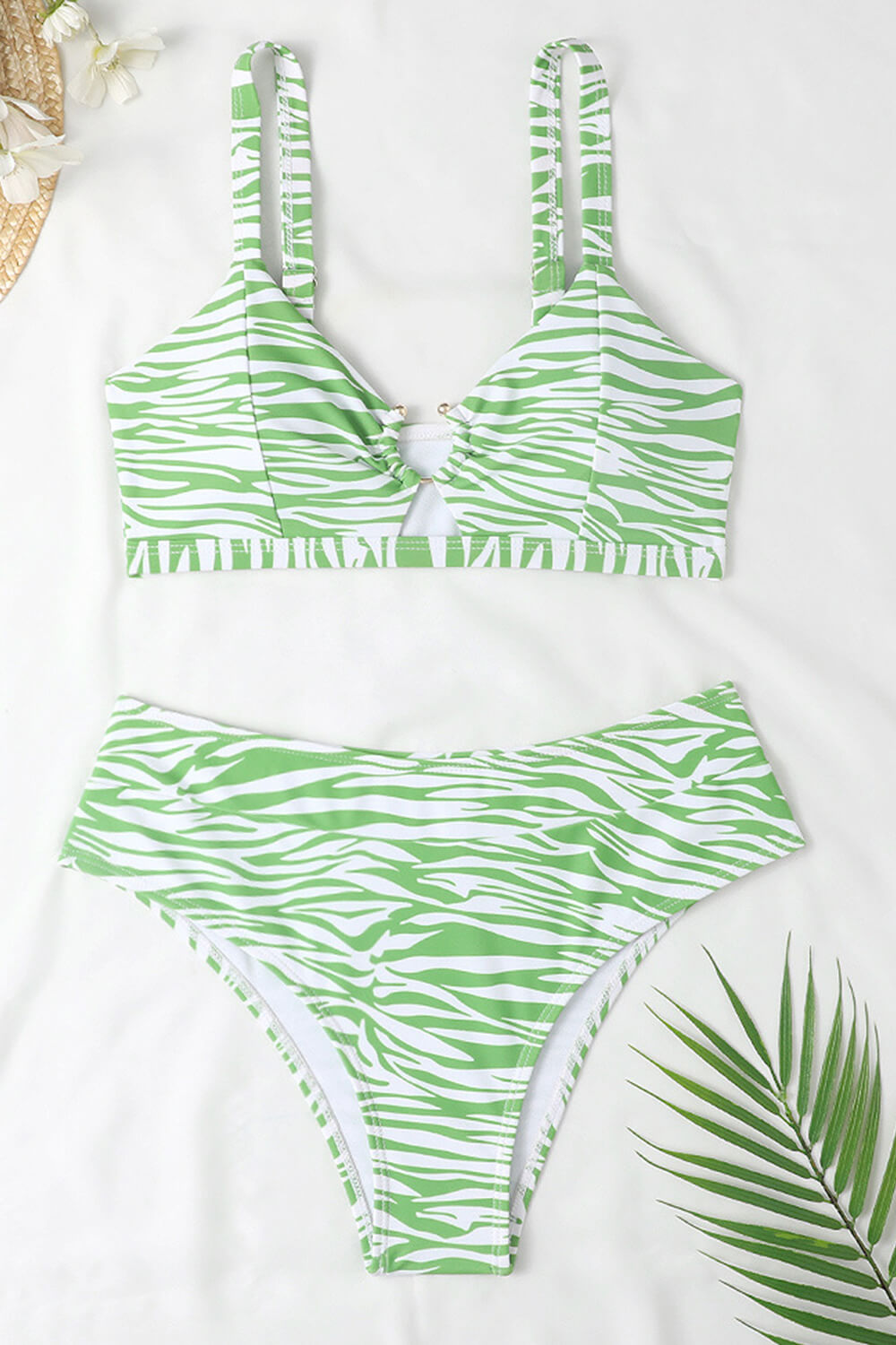 Green Printed U-Ring Bralette Bikini Top