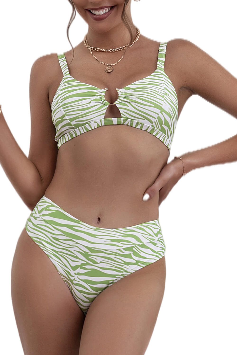 Green Printed U-Ring Bralette Bikini Top