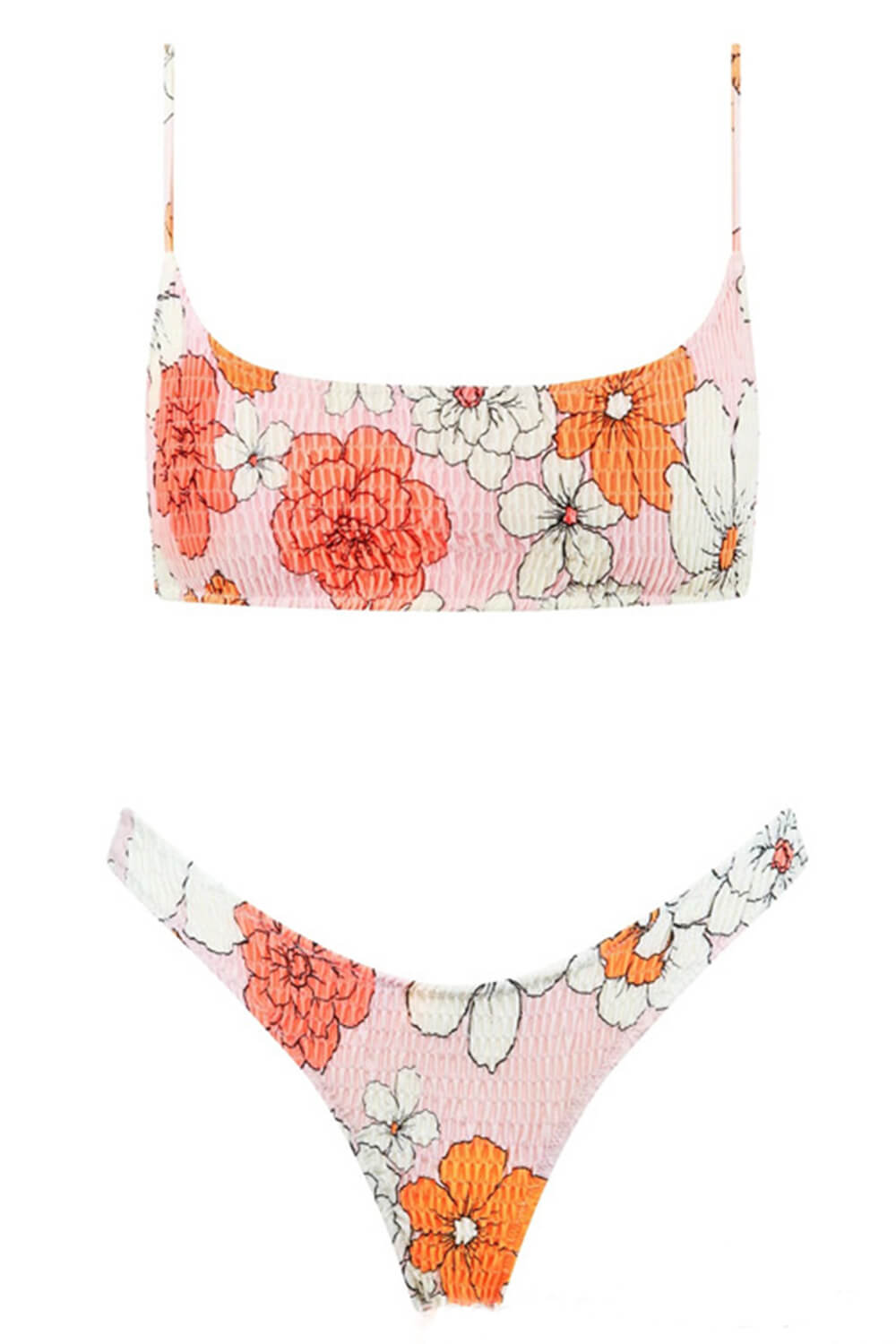 Pink Floral Ruched Scoop Crop Bikini Top