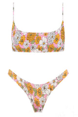 Hot Pink Floral Ruched Scoop Crop Bikini Top