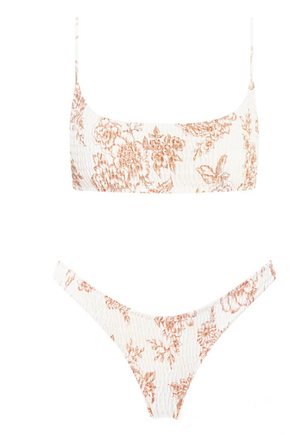 Tan Floral Ruched Scoop Crop Bikini Top