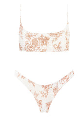 Tan Floral Ruched Scoop Crop Bikini Top