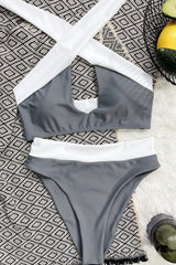 Grey Crossing Color Blocked Bikini Top