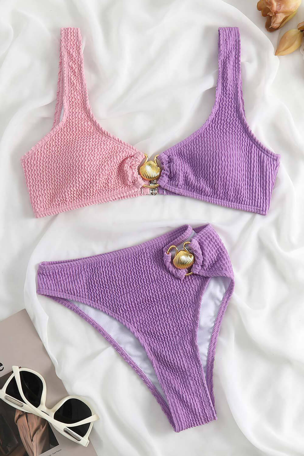 Color Block Crop Crinkle High Waisted Bikini Set With Gold Shell Detail
