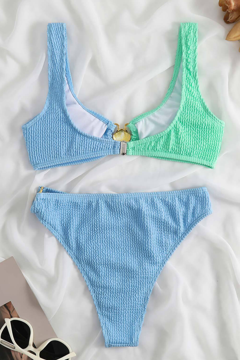 Color Block Crop Crinkle High Waisted Bikini Set With Gold Shell Detail