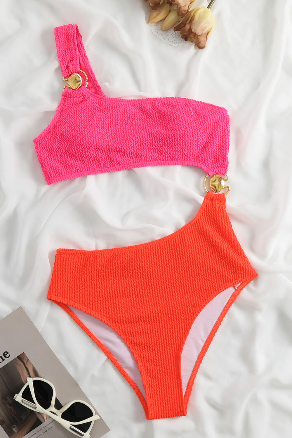 Color Block Crinkle Cut Out One Shoulder One Piece Swimsuit