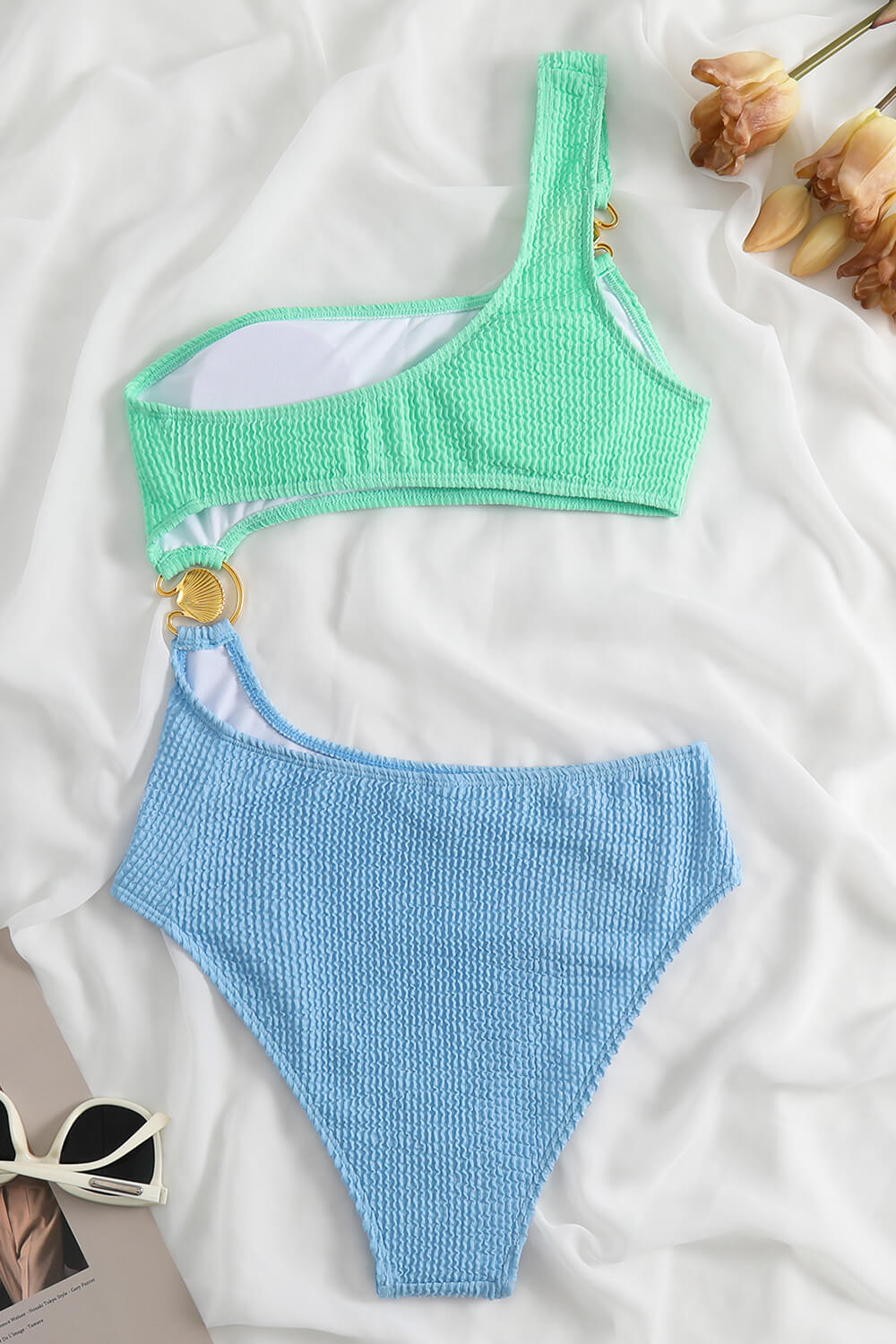 Color Block Crinkle Cut Out One Shoulder One Piece Swimsuit
