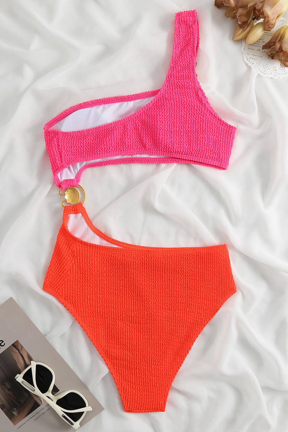 Color Block Crinkle Cut Out One Shoulder One Piece Swimsuit