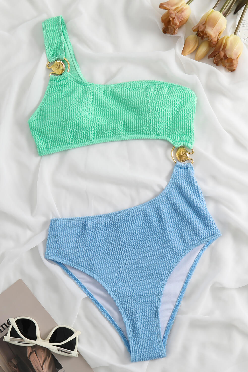 Color Block Crinkle Cut Out One Shoulder One Piece Swimsuit