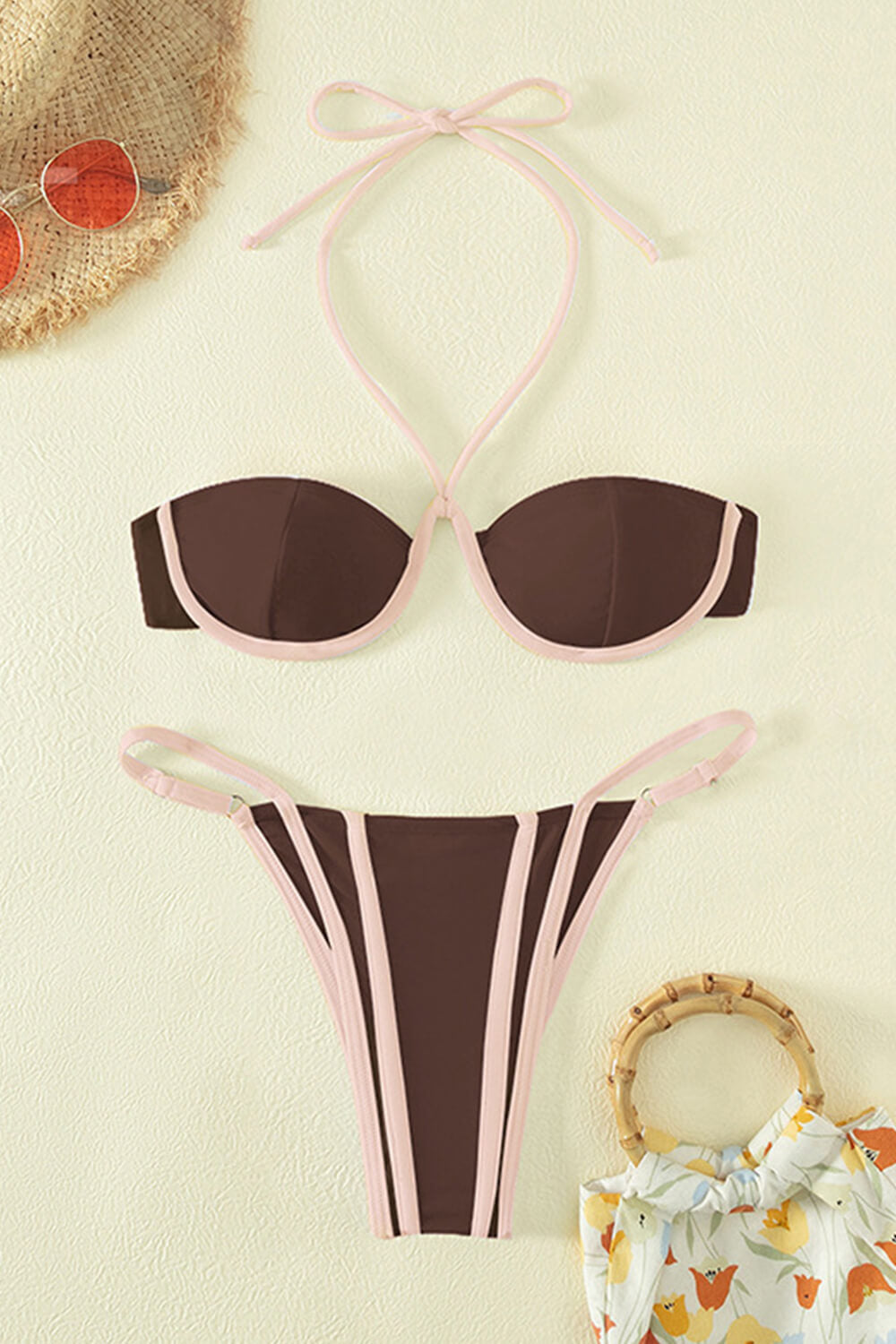 Chocolate Color Block Halter-Neck V Wire Bralette Tanga Scrunch Back Bikini Set