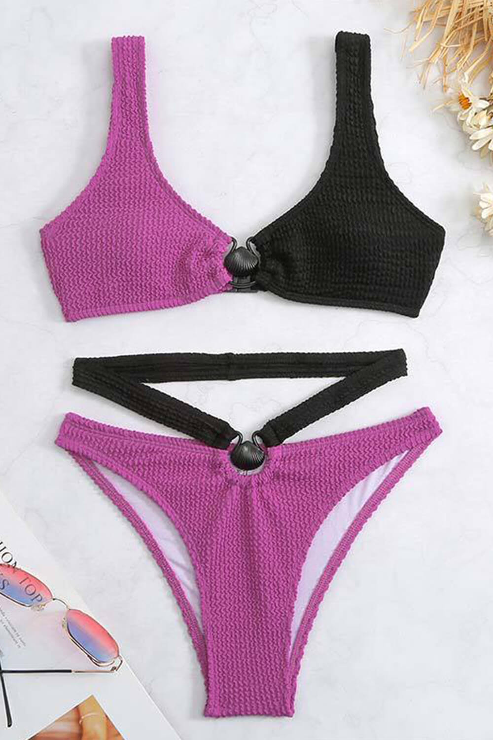 Colorblock Bandeau Crinkle High Rise Bikini Set With Gold Shell Detail - Lilac & Salmon main image 1