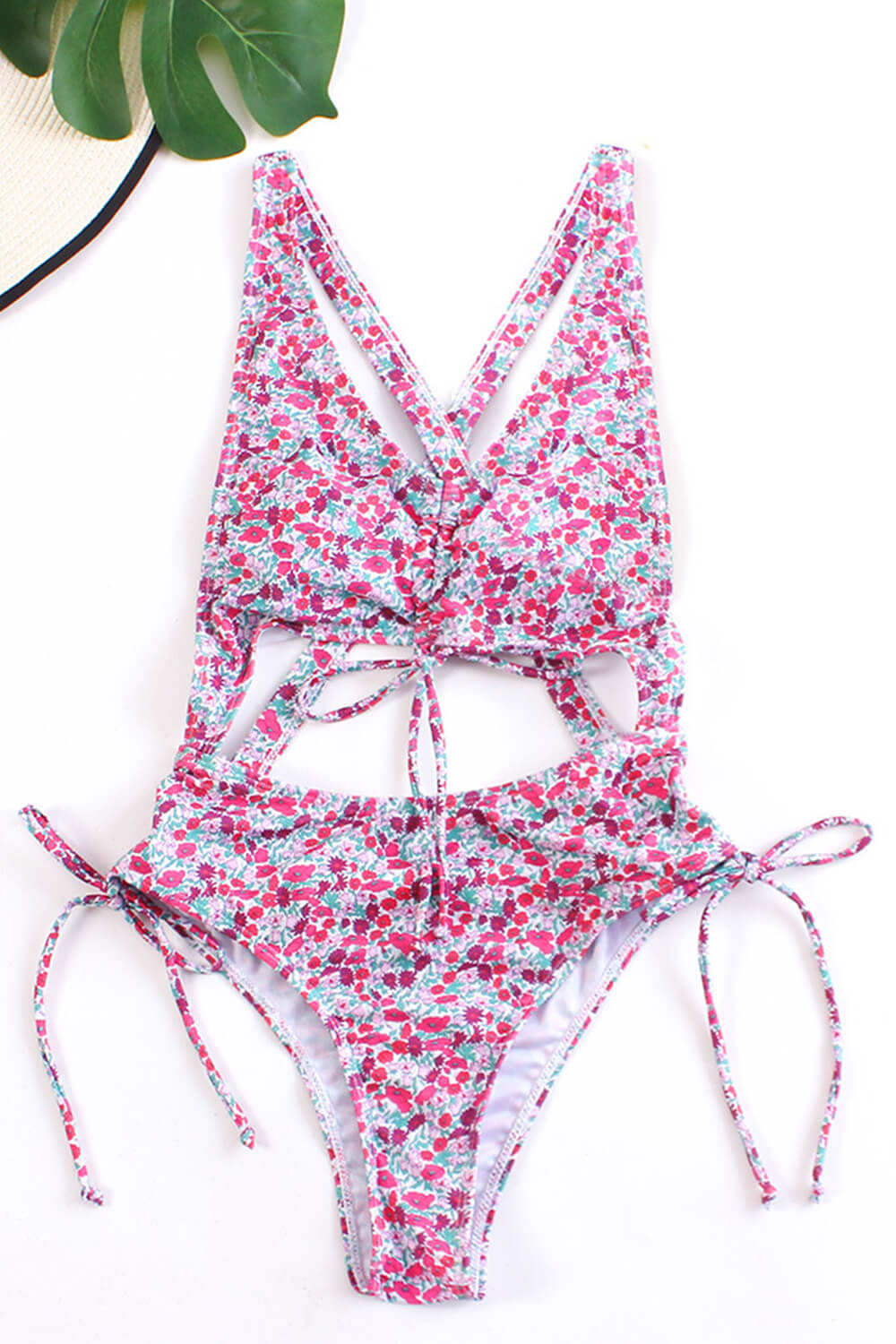 Pink Floral Ruched Tie Front Key Hole Cut-Out Cross Back One Piece Swimsuit