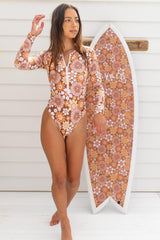 Flower Power Print Zipper Front Long Sleeve One Piece Swimsuit