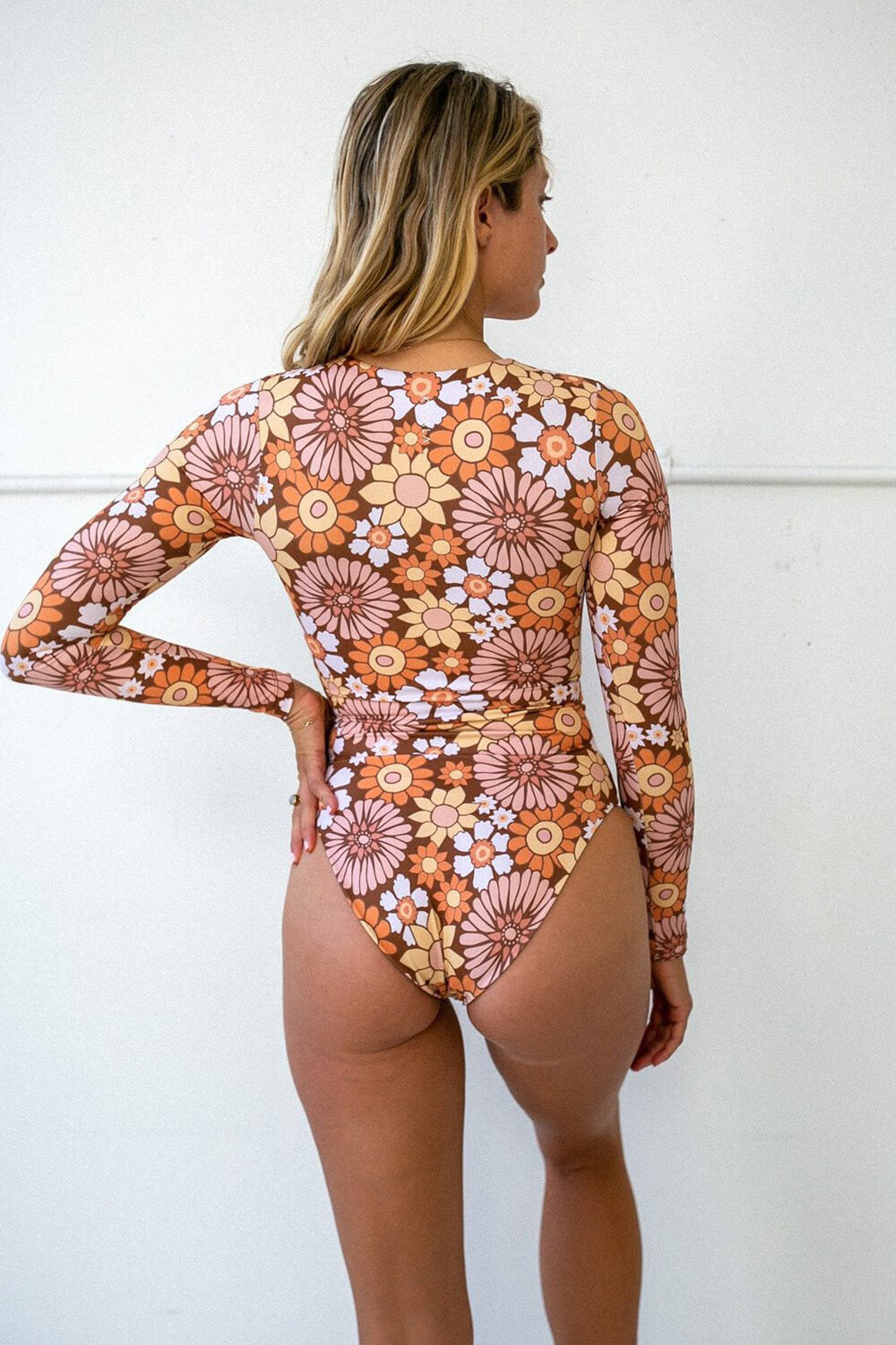 Flower Power Print Zipper Front Long Sleeve One Piece Swimsuit