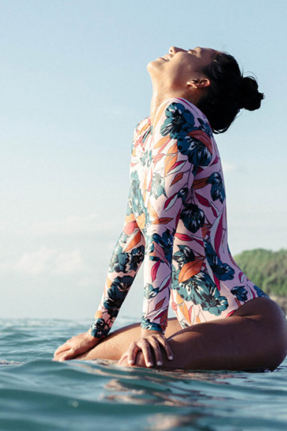 Floral & Leaves Print Long Sleeve One Piece Swimsuit