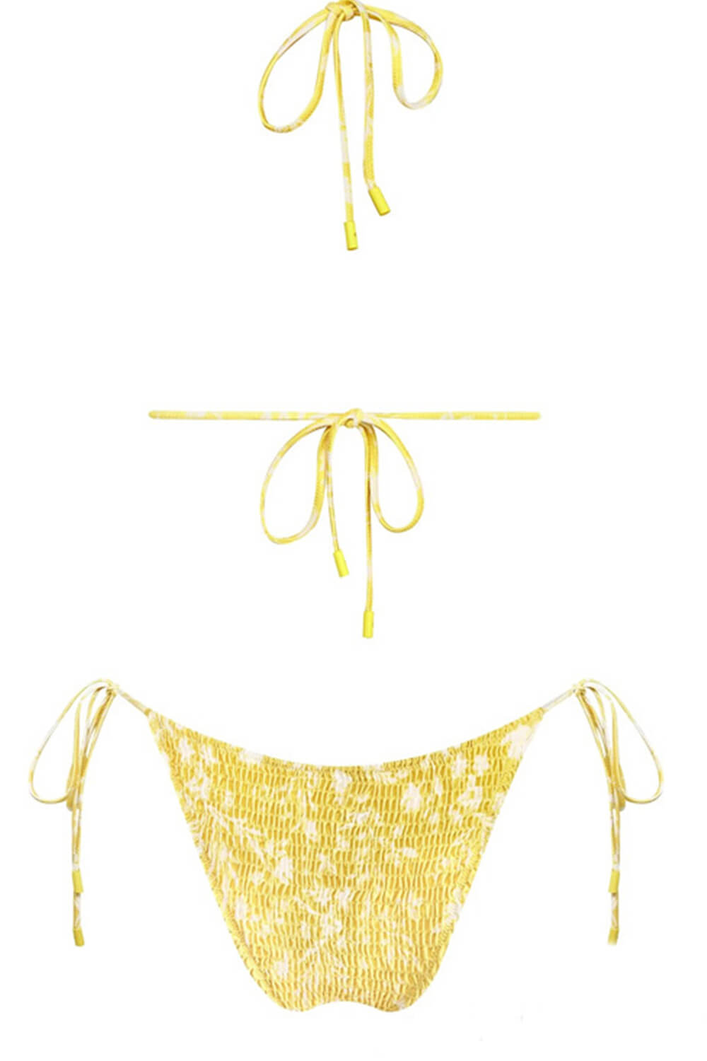 Yellow Floral Crinkle Halter Tie Side Bikini Set