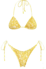 Yellow Floral Crinkle Halter Tie Side Bikini Set