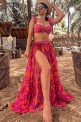 Ruffled Floral-Print Underwire High-Wasit Bikini Set - Red And Orange Flowers